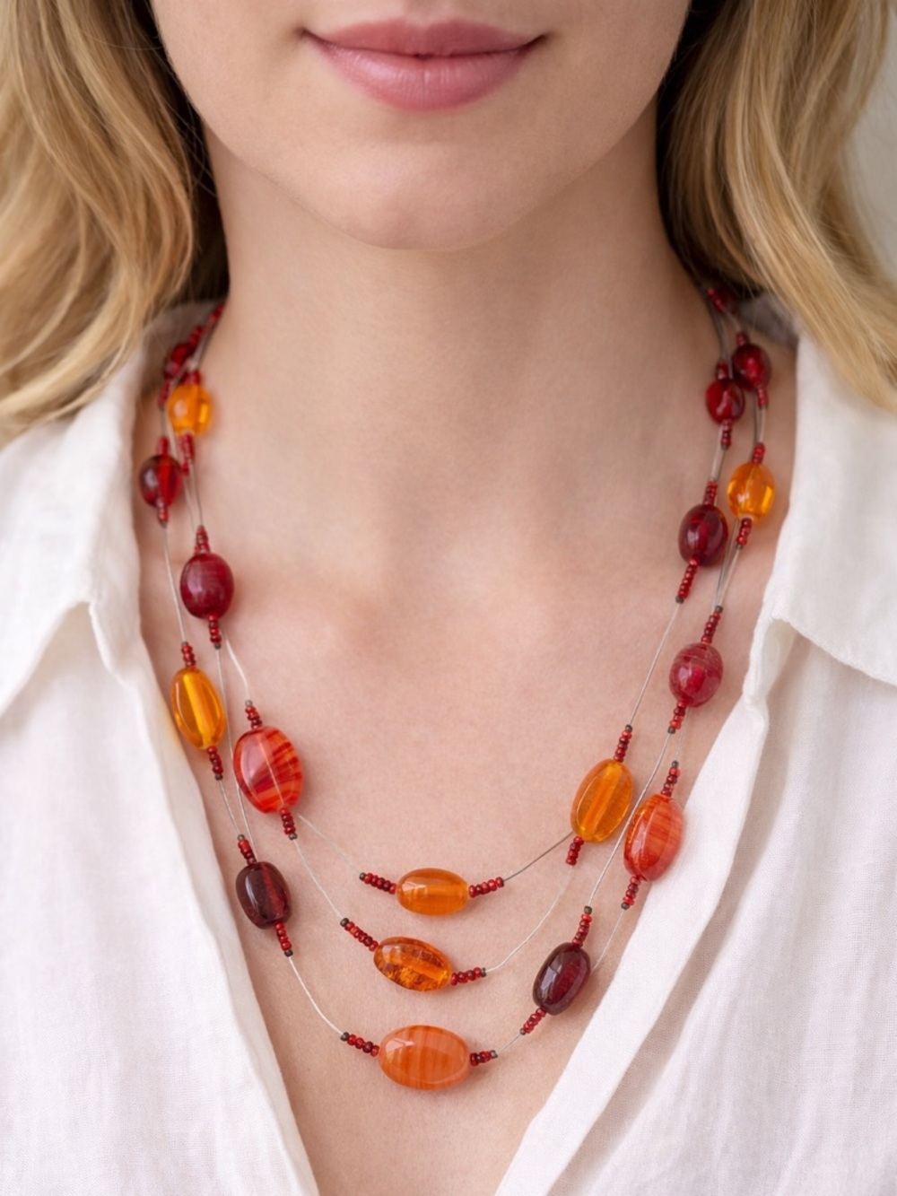 Vintage Red & Orange Glass Bead Layered Necklace